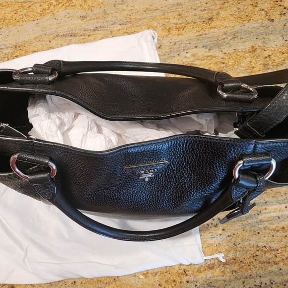 Prada Vitello Daino silver trim side pocket black Leather satchel crossbody tote - Picture 14 of 16